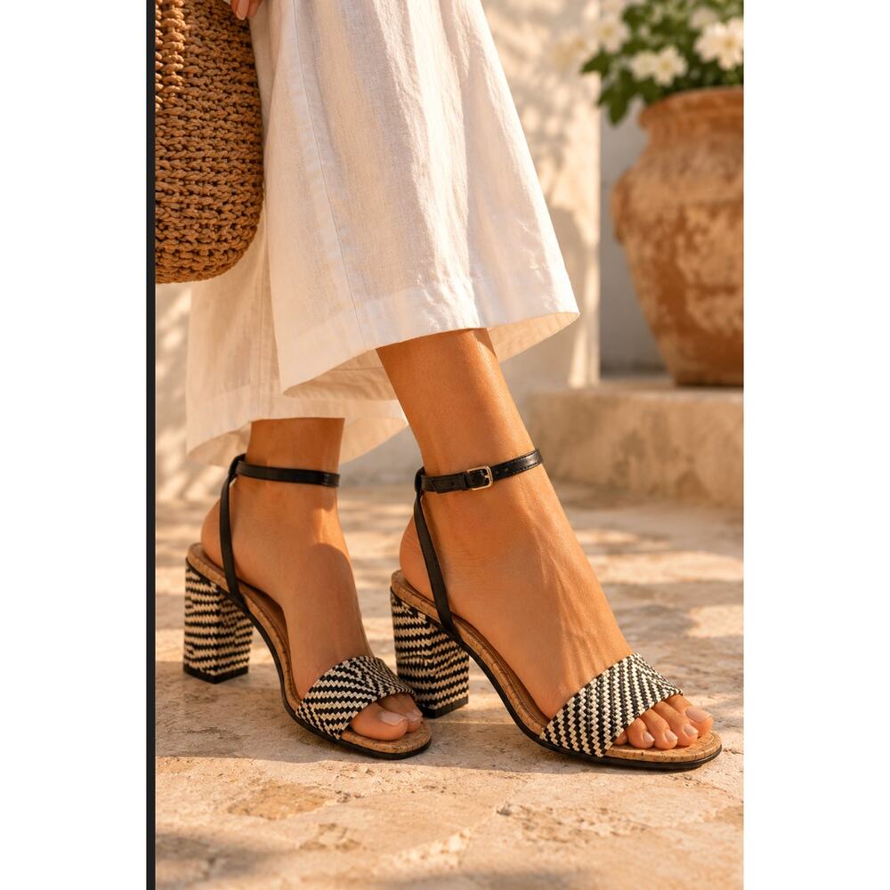 Liliana SZ 7 Cork Striped Block Monochromatic Open Toed Heels Preppy Minimalist